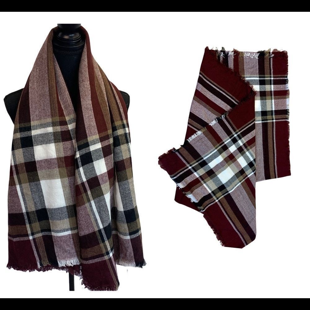 MAROON brown black white plaid check soft fall winter blanket scarf